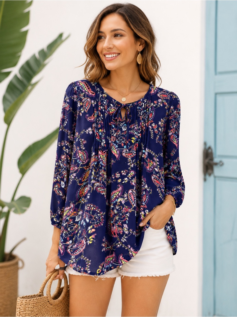 Counterparts Navy Paisley Tie-Front‎ Peasant Blouse Medium